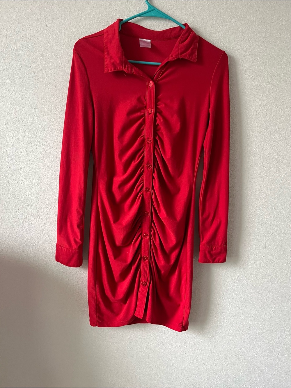 NOBO Red Long-Sleeve Ruched Button-Front Shirt Dress